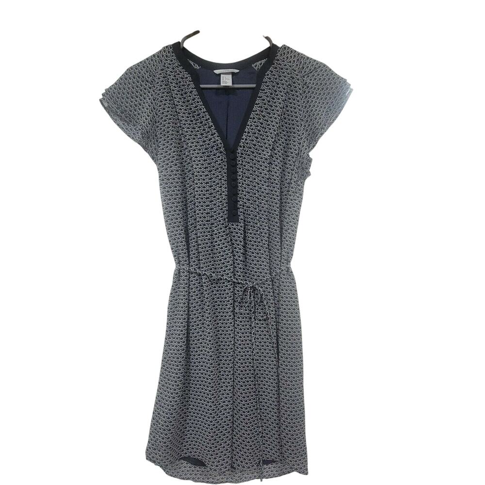 H&M Size 4 Navy Scallop Print Sheer Lined Mini Dress Corporate Casual Preppy